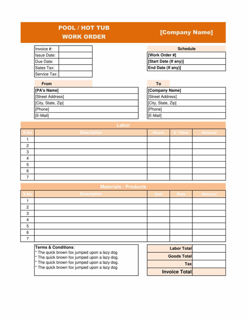 Pool Hot Tub Work Order Template