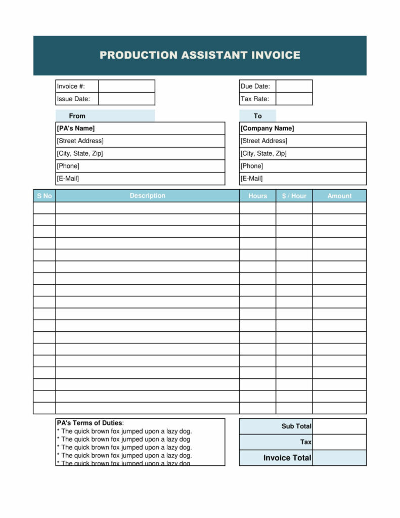 Production Assistant Invoice Template