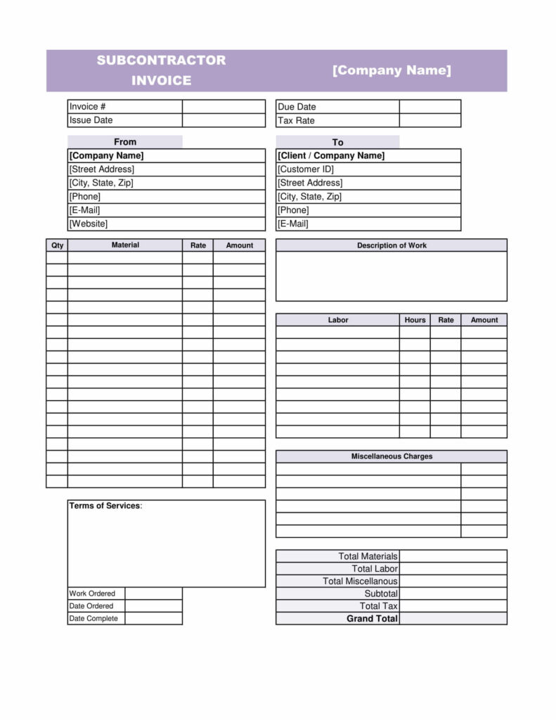 Subcontractor Invoice Template